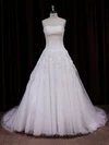 Ball Gown Sweetheart Tulle Chapel Train Wedding Dresses With Appliques Lace #Milly00021785