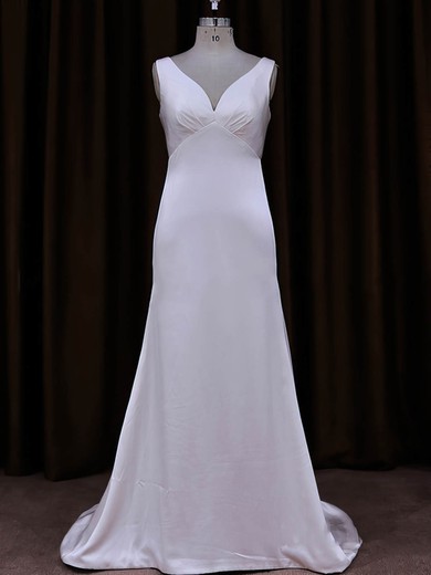 V-neck White Tulle Silk-like Satin Sequins Sheath/Column Wedding Dress #Milly00021787