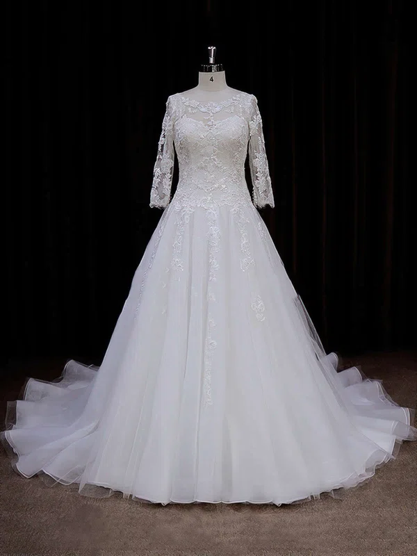 Ball Gown Illusion Tulle Chapel Train Wedding Dresses With Appliques Lace #Milly00021788