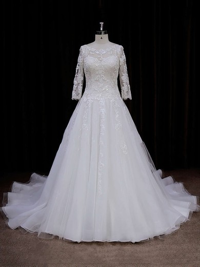 Chapel Train Ivory Tulle Appliques Lace 3/4 Sleeve Scoop Neck Wedding Dress #Milly00021788