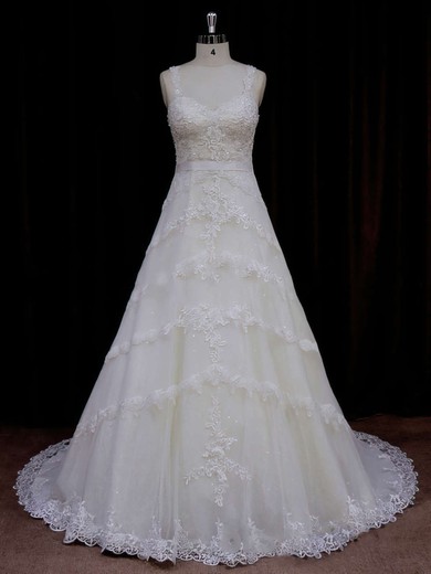 Sweetheart Ivory Tulle Appliques Lace Court Train Unique Wedding Dress #Milly00021796