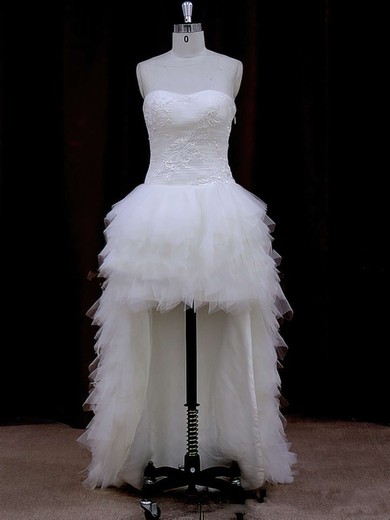Asymmetrical Ivory Tulle Appliques Lace High Low Strapless Wedding Dress #Milly00021802