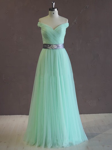 Unique A-line Green Tulle Sashes/Ribbons Off-the-shoulder Wedding Dress #Milly00021806