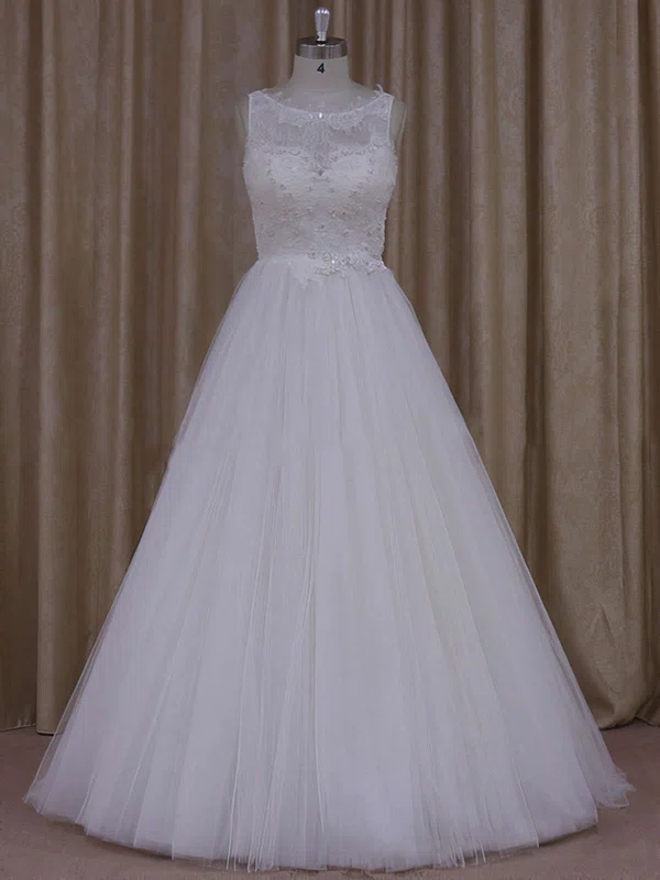 Ball Gown Illusion Tulle Floor-length Wedding Dresses With Beading #Milly00021812