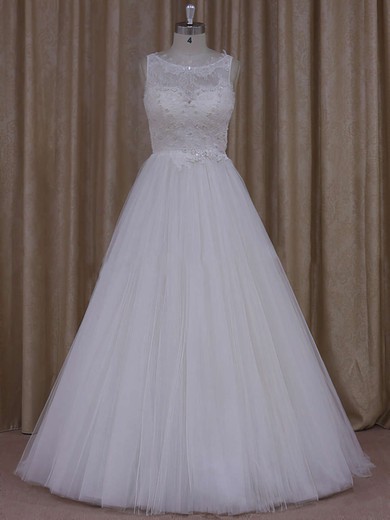 Princess Ivory Tulle Scoop Neck Appliques Lace Pretty Wedding Dress #Milly00021812