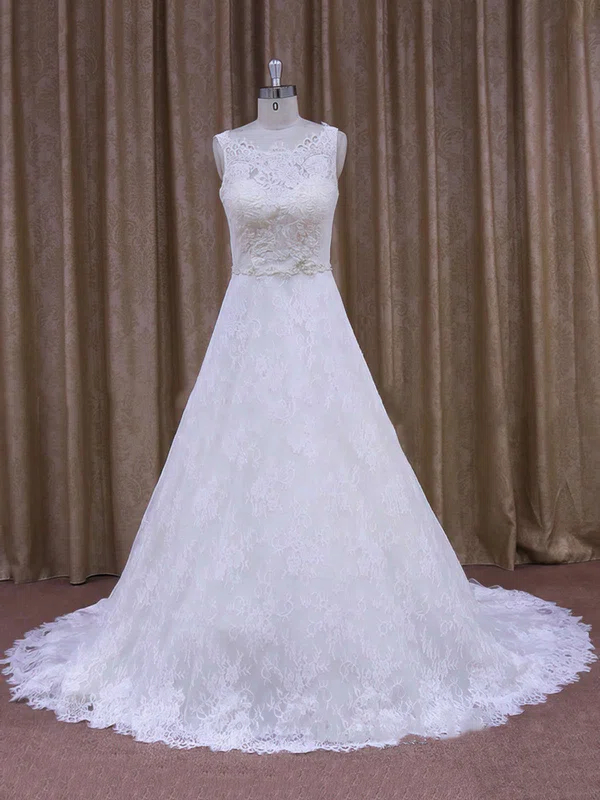 Best Scoop Neck Appliques Lace Court Train White Lace Wedding Dress ...