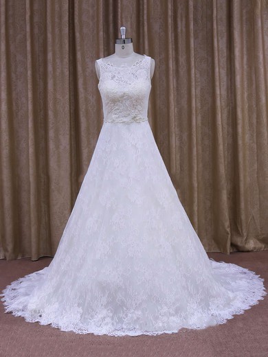 Best Scoop Neck Appliques Lace Court Train White Lace Wedding Dress #Milly00021828