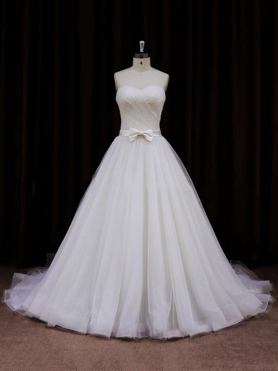 Modest Sweetheart Tulle with Sashes/Ribbons Chapel Train Ivory Wedding Dresses #Milly00021840