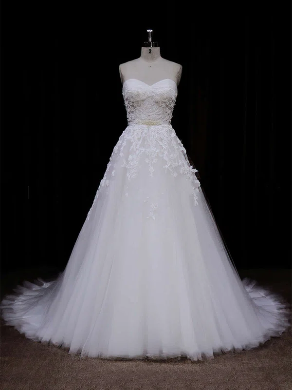 Ball Gown Sweetheart Tulle Chapel Train Wedding Dresses With Appliques Lace #Milly00021849