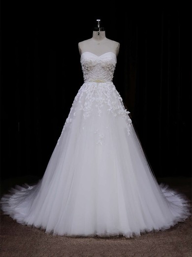 Ivory Tulle Appliques Lace Sweetheart Lace-up Elegant Wedding Dress #Milly00021849