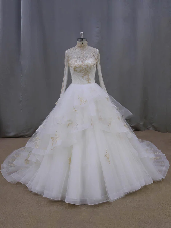 Ball Gown Tulle Appliques Lace Fashion High Neck Long Sleeve Wedding Dresses #Milly00021852