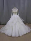 Ball Gown Tulle Appliques Lace Fashion High Neck Long Sleeve Wedding Dresses #Milly00021852