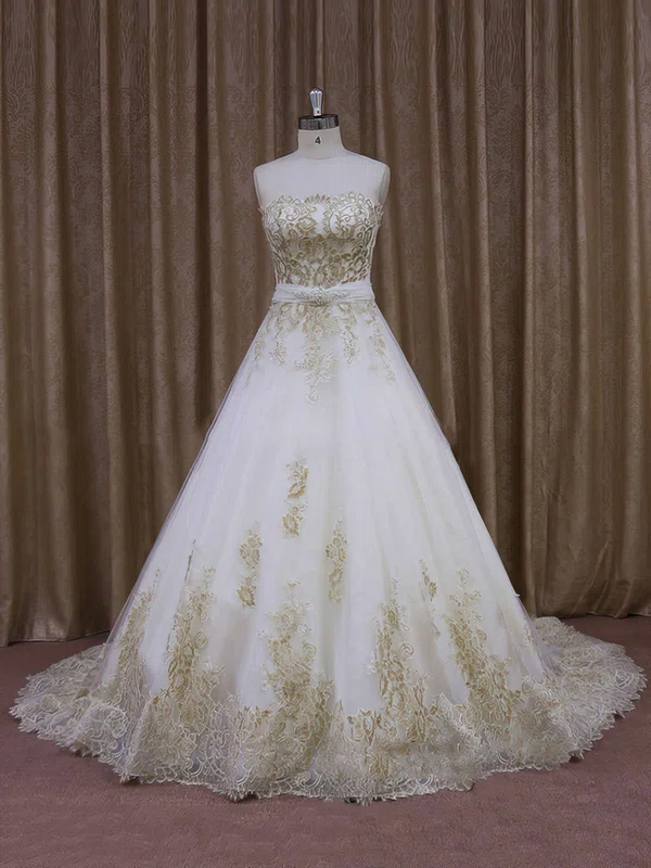 Ball Gown Straight Tulle Court Train Wedding Dresses With Appliques Lace #Milly00021854