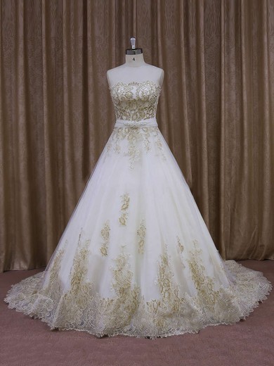 Court Train Tulle Appliques Lace Ivory Strapless Newest Wedding Dresses #Milly00021854