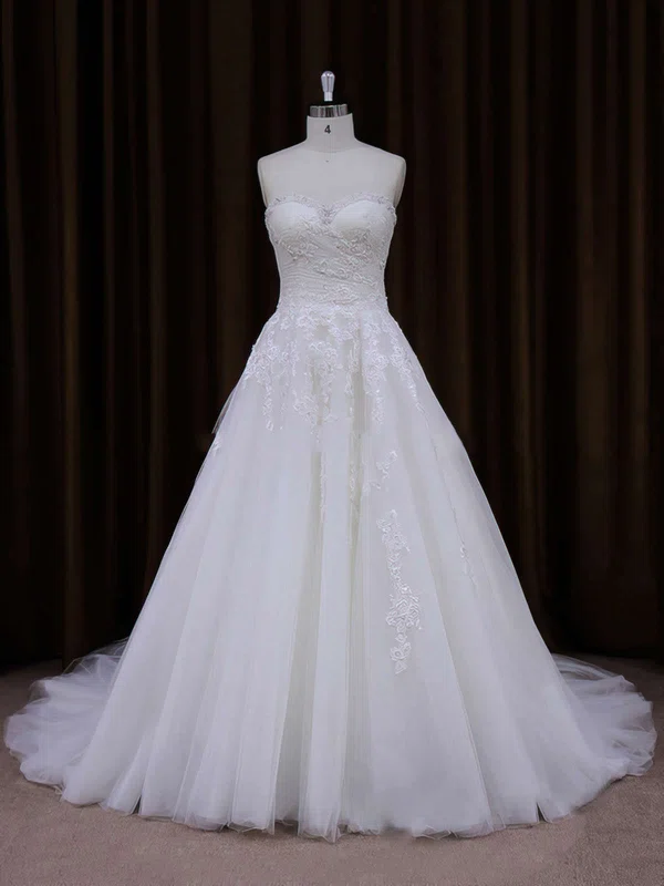 Ball Gown Sweetheart Tulle Court Train Wedding Dresses With Appliques Lace #Milly00021855