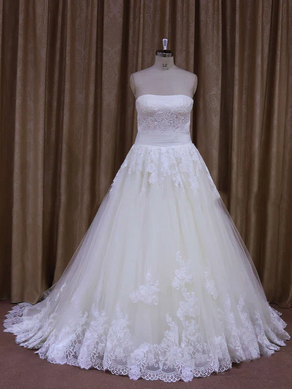 Ball Gown Straight Tulle Court Train Wedding Dresses With Appliques Lace #Milly00021856