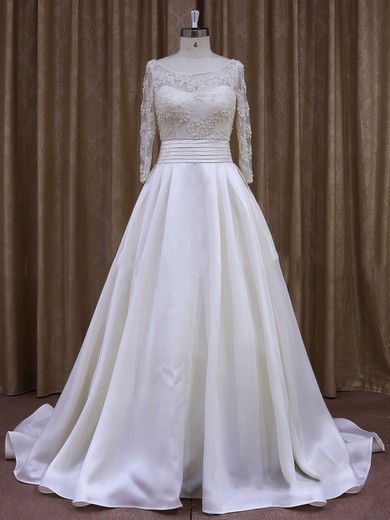 Nice Scoop Neck Ivory Taffeta with Appliques Lace Long Sleeve Wedding Dress #Milly00021877