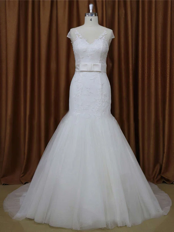 Trumpet/Mermaid V-neck Tulle Court Train Wedding Dresses With Appliques Lace #Milly00021899