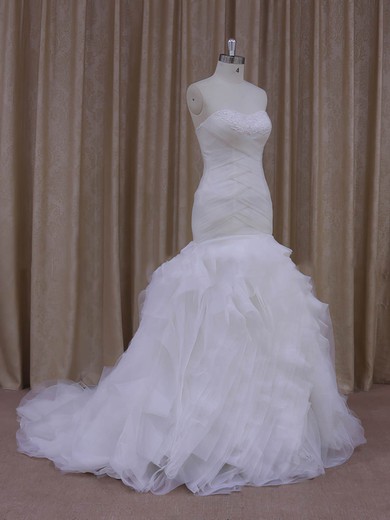 Trumpet/Mermaid Modest Tulle Cascading Ruffles Sweetheart White Wedding Dress #Milly00021919