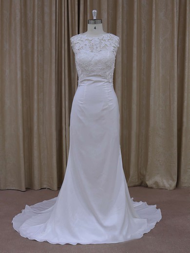 Lace Chiffon Covered Button Ivory Scoop Neck Modest Sheath/Column Wedding Dress #Milly00021942