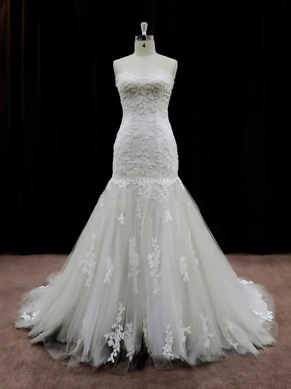Trumpet/Mermaid Sweetheart Tulle Chapel Train Wedding Dresses With Appliques Lace #Milly00021959