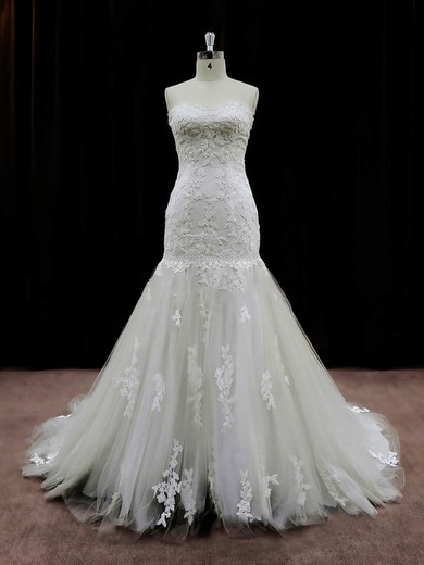 Best Ivory Tulle Appliques Lace Chapel Train Trumpet/Mermaid Wedding Dresses #Milly00021959