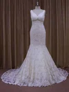 Trumpet/Mermaid V-neck Lace Court Train Wedding Dresses With Beading #Milly00021964