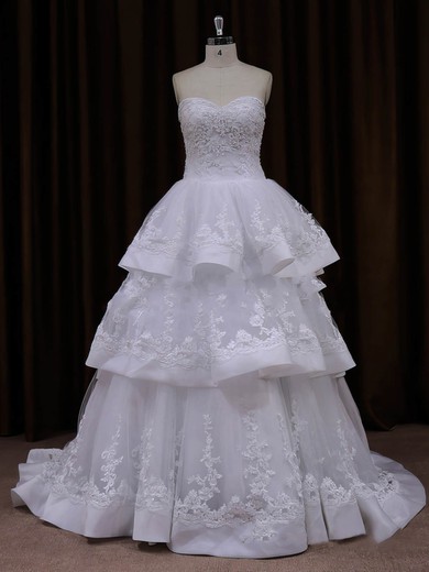 Beautiful Princess Tulle Appliques Lace Sweetheart Ivory Wedding Dresses #Milly00021990