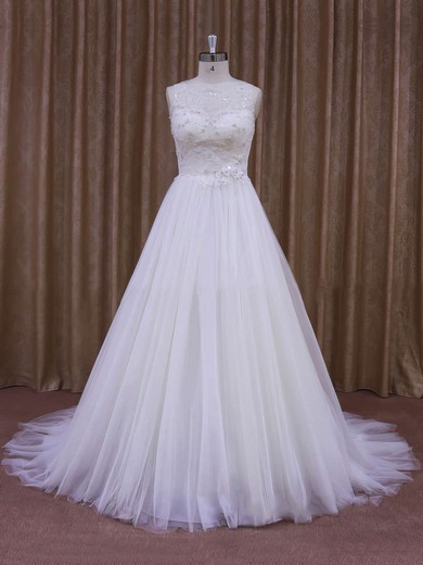 Vintage Court Train White Lace Tulle with Sequins Scoop Neck Wedding Dresses #Milly00021637