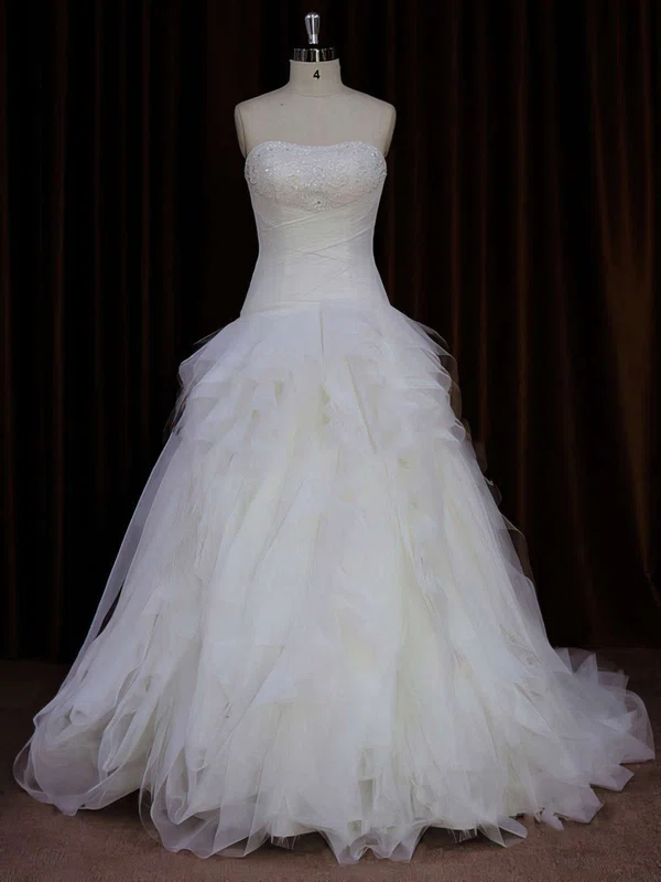 Ball Gown Straight Tulle Sweep Train Wedding Dresses With Beading #Milly00021766