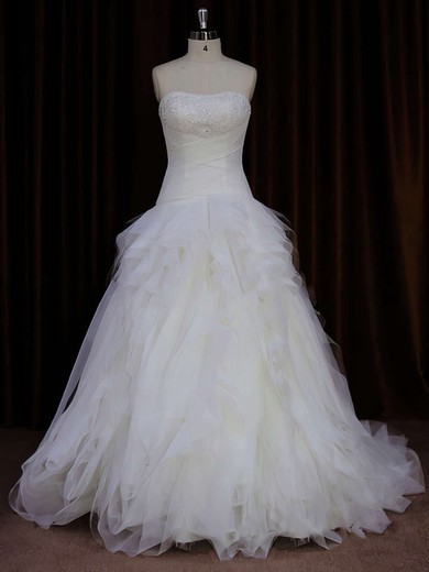Strapless Ivory Tulle Beading Fashion Sweep Train Wedding Dress #Milly00021766