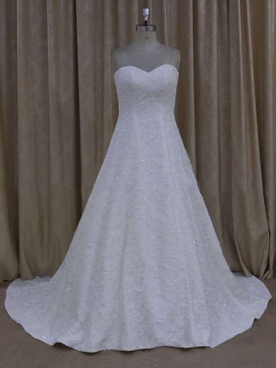 Gorgeous Sweetheart Ivory Tulle Appliques Lace Court Train Wedding Dress #Milly00021773