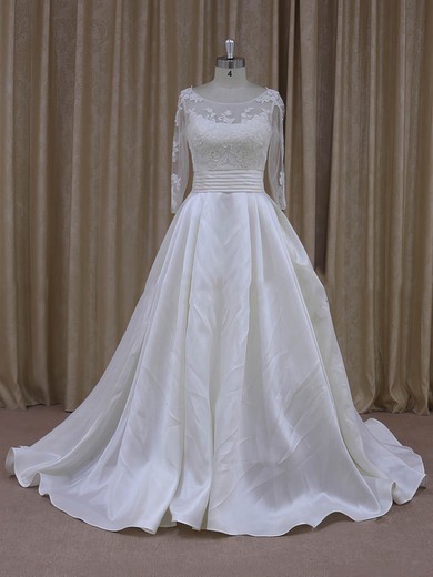 Princess Ivory Long Sleeve Tulle Taffeta with Appliques Lace Scoop Neck Prom Dress #Milly00021781