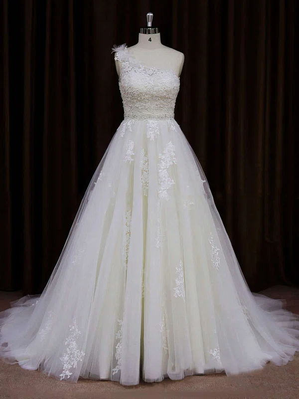 Ball Gown One Shoulder Tulle Court Train Wedding Dresses With Appliques Lace #Milly00021784