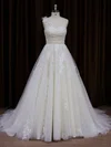Ball Gown One Shoulder Tulle Court Train Wedding Dresses With Appliques Lace #Milly00021784