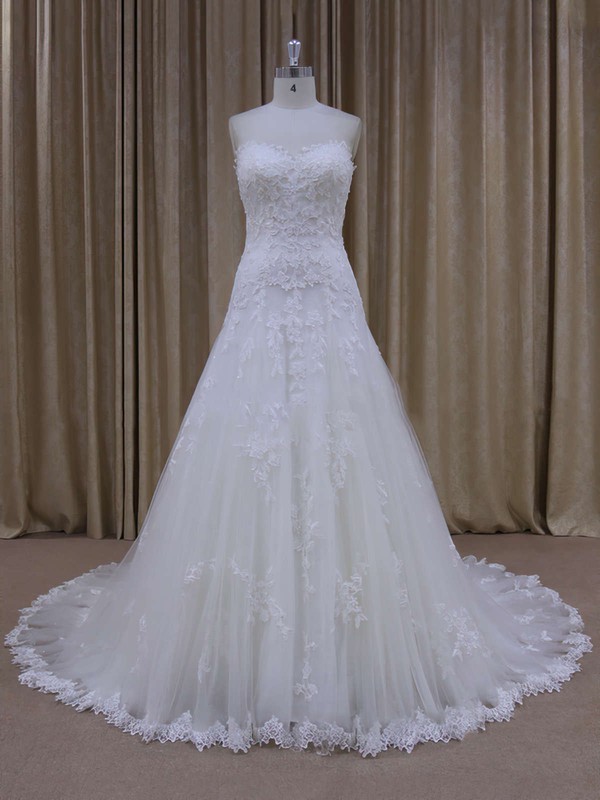 Unique Sweetheart Ivory Tulle Appliques Lace Court Train Wedding Dress ...