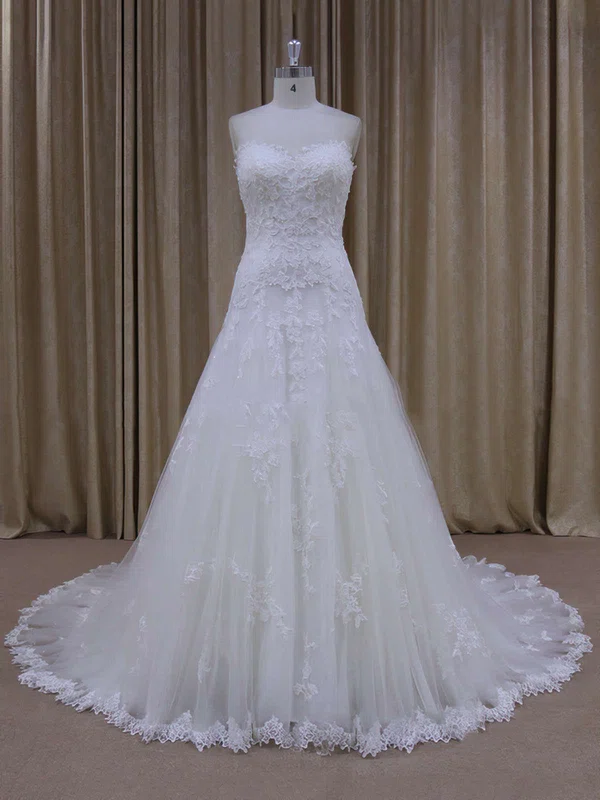Ball Gown Sweetheart Tulle Court Train Wedding Dresses With Appliques Lace #Milly00021803