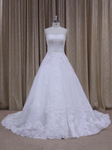 Discount Chapel Train White Tulle Appliques Lace Strapless Wedding Dress #Milly00021808
