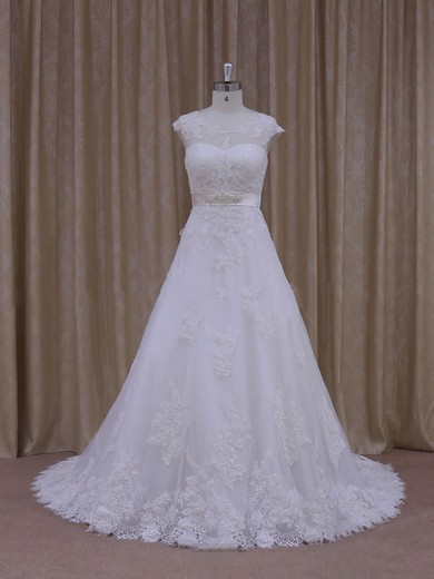 White Scoop Neck Tulle Appliques Lace Affordable Chapel Train Wedding Dress #Milly00021814