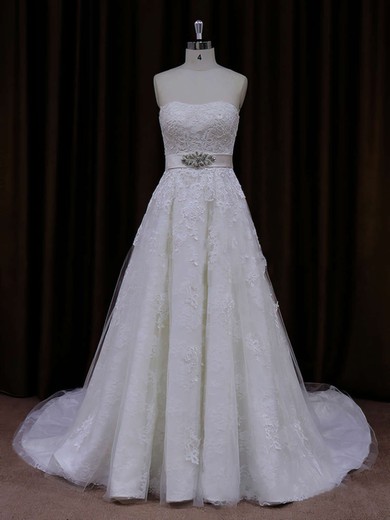 Court Train Ivory Beautiful Tulle Appliques Lace A-line Wedding Dress #Milly00021815