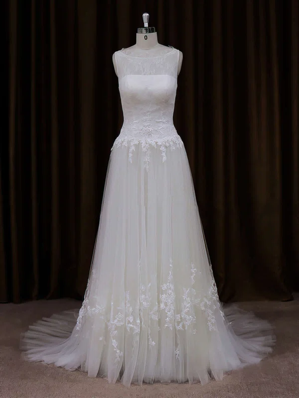 Ball Gown Illusion Tulle Court Train Wedding Dresses With Appliques Lace #Milly00021819
