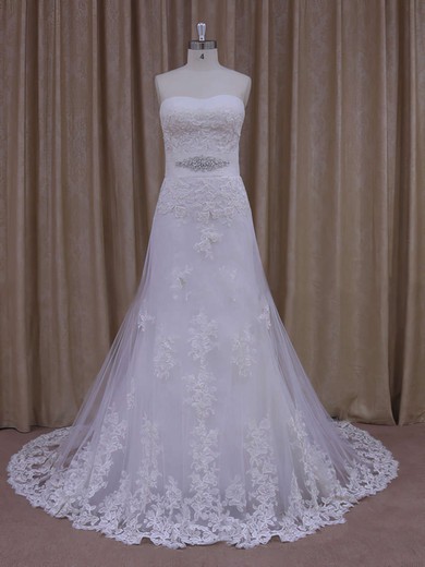 Sweep Train Appliques Lace Strapless White Tulle Affordable Wedding Dresses #Milly00021822