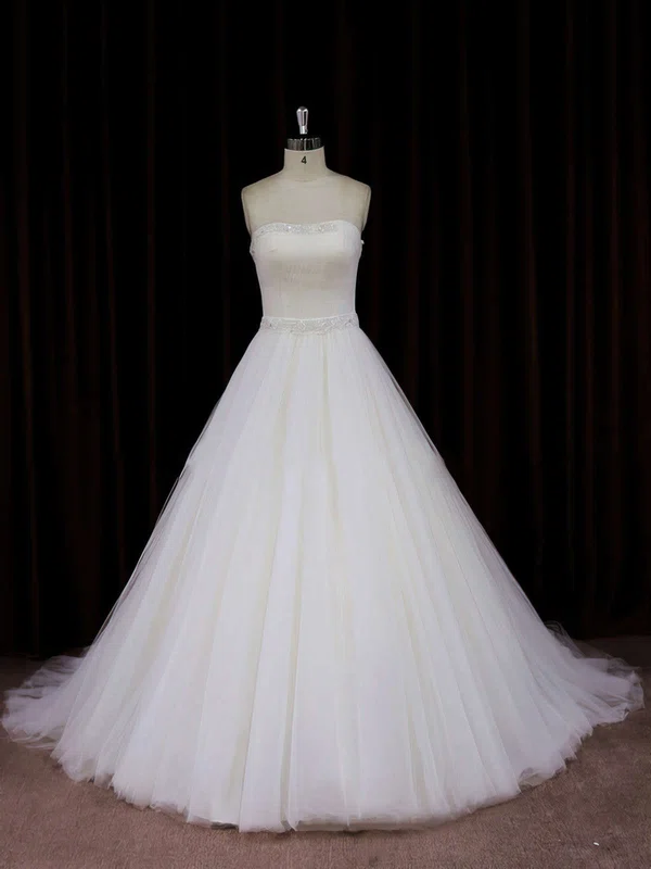 Ball Gown Straight Tulle Chapel Train Wedding Dresses With Beading #Milly00021833