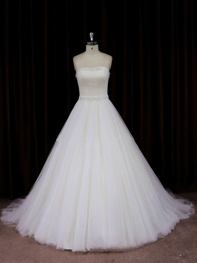Ivory Tulle Chapel Train Beading Strapless Beautiful Wedding Dress #Milly00021833