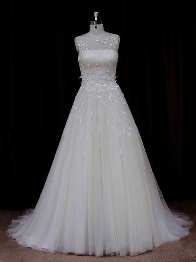 Elegant Princess Appliques Lace Ivory Tulle Scoop Neck Wedding Dresses #Milly00021834