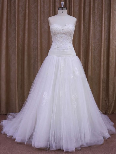 A-line Appliques Lace Ivory Tulle Court Train Online Wedding Dresses #Milly00021859