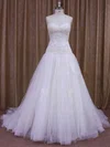 A-line Sweetheart Tulle Court Train Wedding Dresses With Appliques Lace #Milly00021859