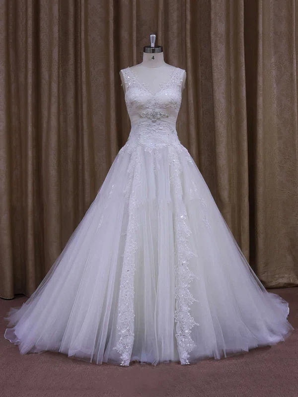 Ball Gown V-neck Tulle Chapel Train Wedding Dresses With Beading #Milly00021860