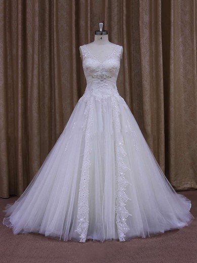 Fashionable Chapel Train Appliques Lace White Tulle V-neck Wedding Dress #Milly00021860
