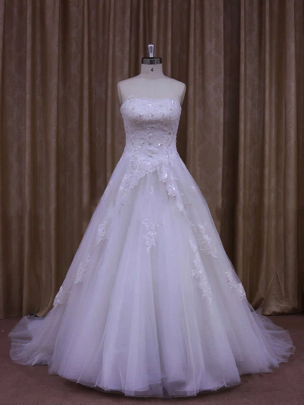 Ball Gown Straight Tulle Chapel Train Wedding Dresses With Beading #Milly00021864